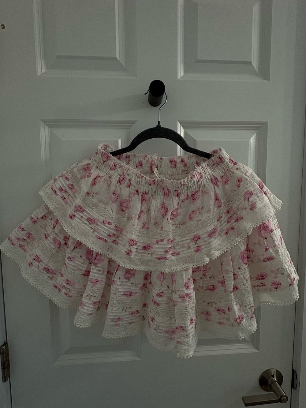 LoveShackFancy White Cream Floral Tiered Mini Skirt with Pink Roses